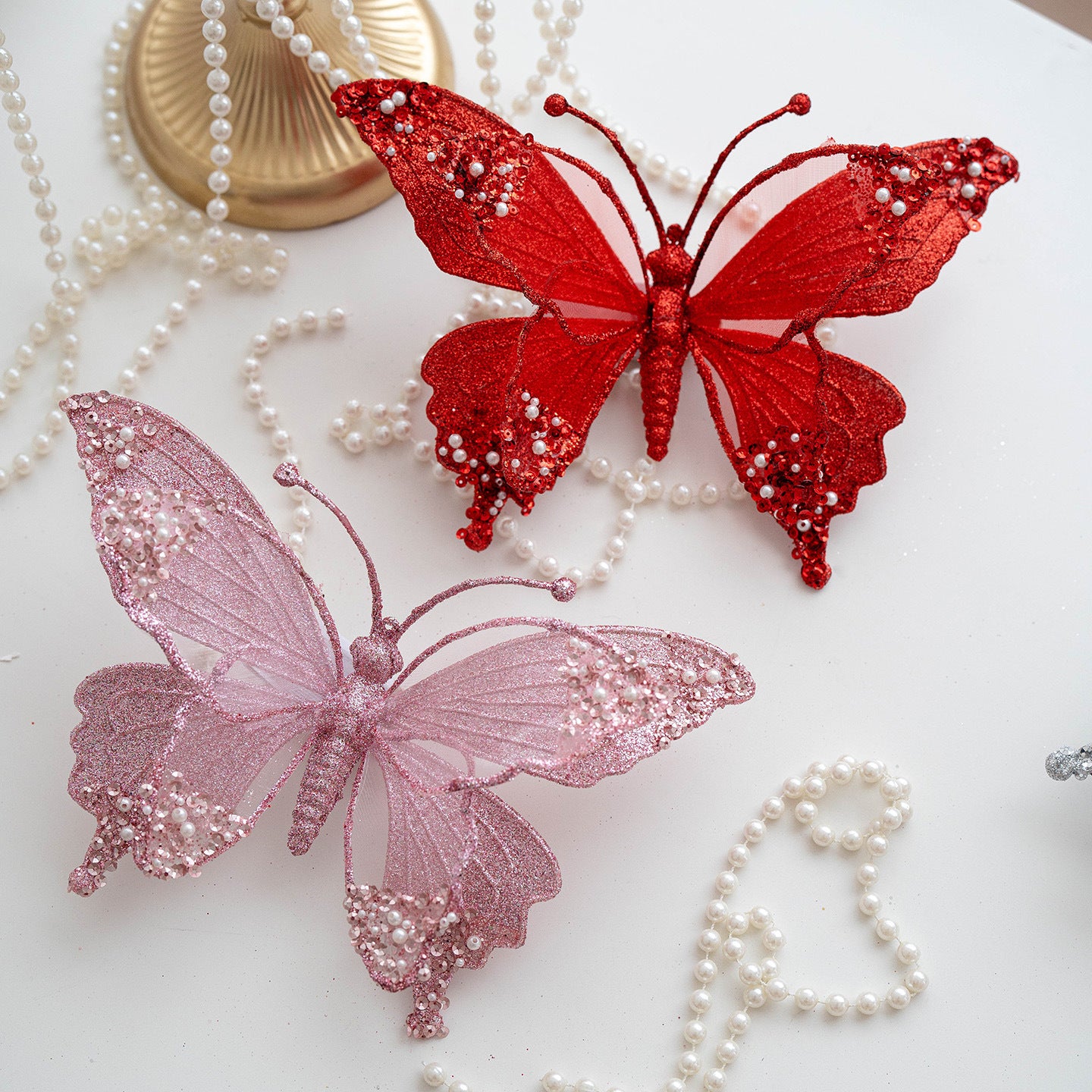 Elegant Pearl Butterfly Ornament – Glitter Decor Clip Berriscent