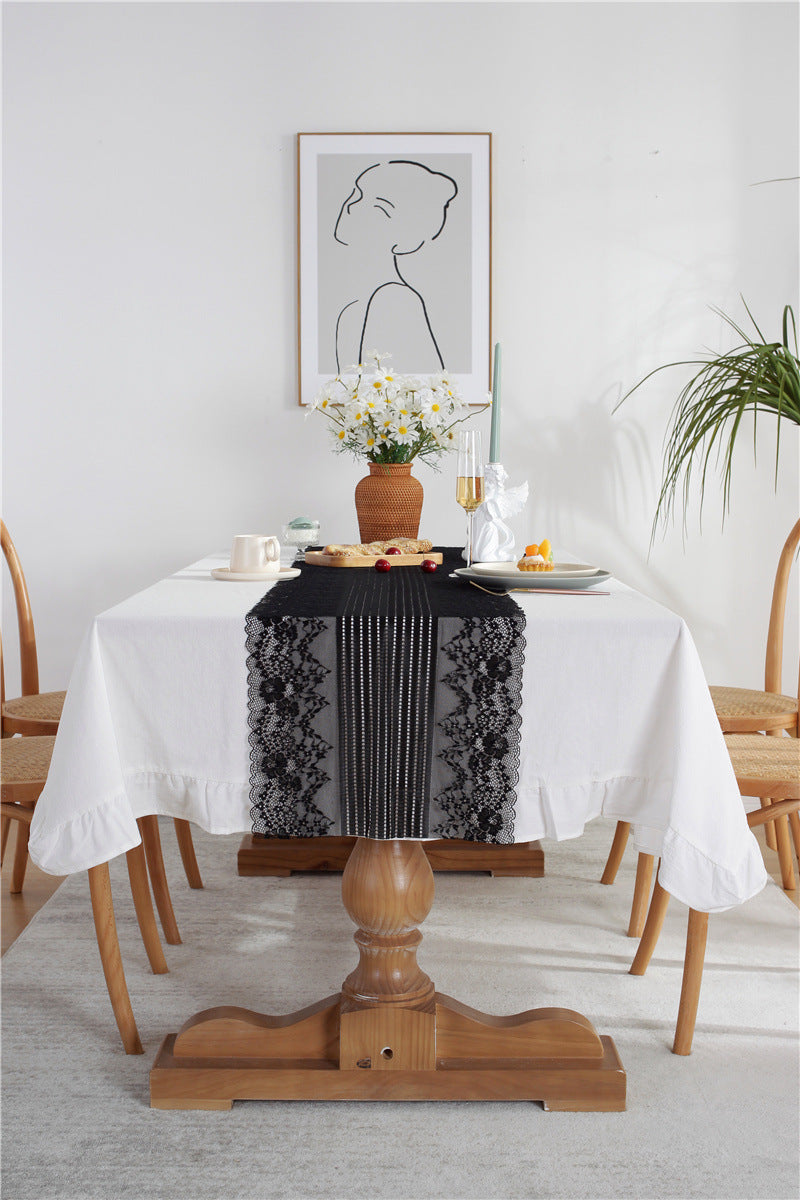 White Tablecloth and Black Lace Runner Set Berriscent