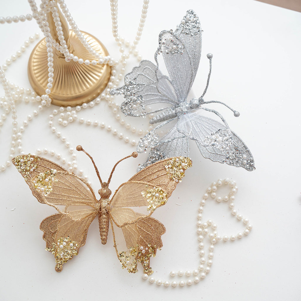 Elegant Pearl Butterfly Ornament – Glitter Decor Clip Berriscent