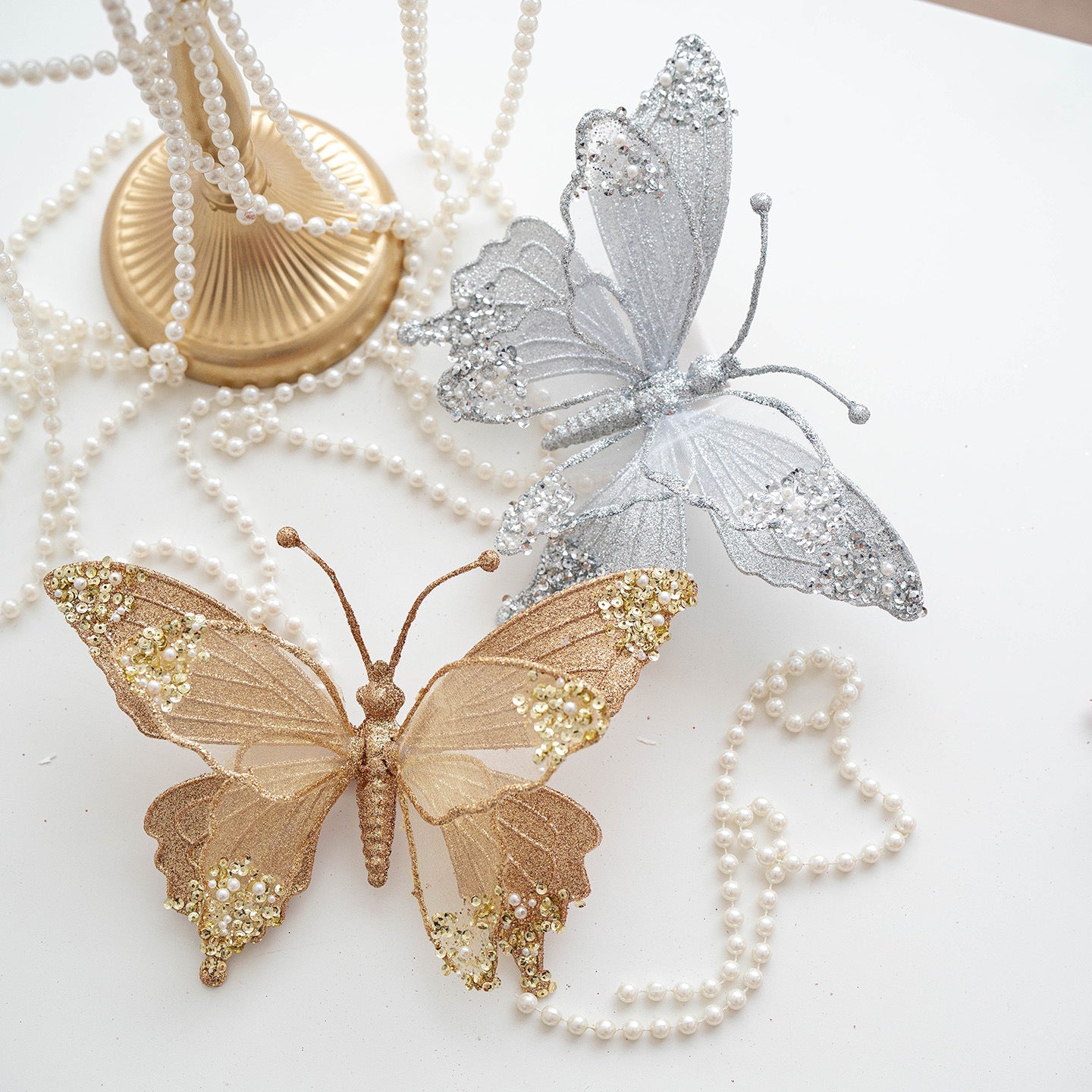 Elegant Pearl Butterfly Ornament – Glitter Decor Clip Berriscent