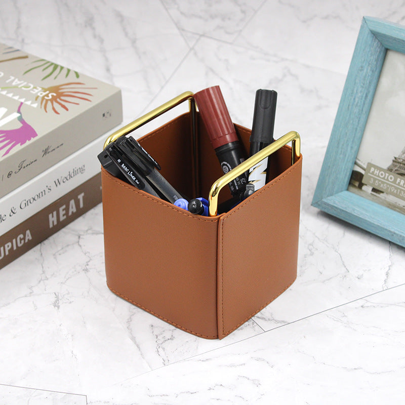 Luxury Leather Desk Organiser with Brass Frame | Modern Home Storage