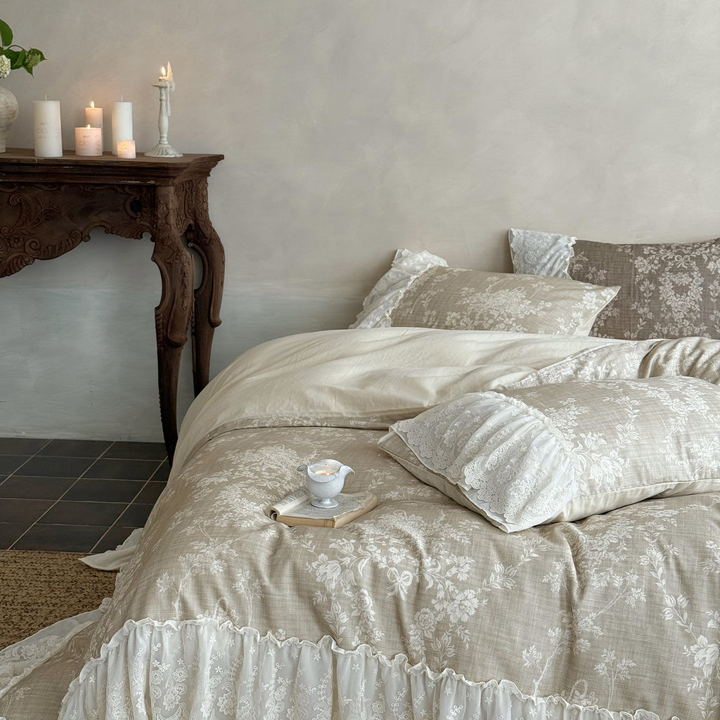 Maison Fleur Lace-Trim Bedding Set - Soft Linen Beige Berriscent