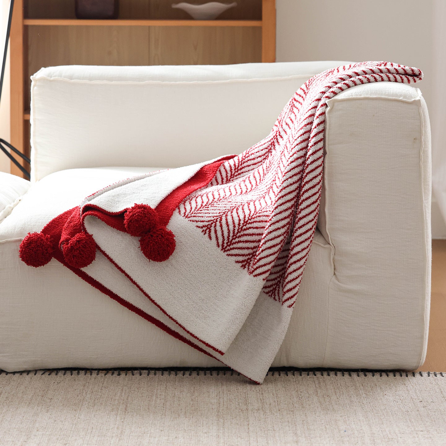 Red Woven Pom-Pom Throw Blanket Berriscent