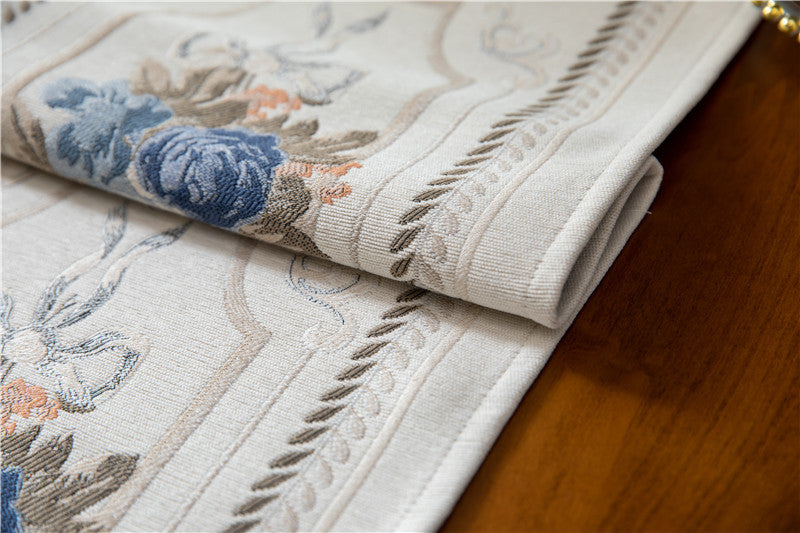 Ivory Blue Jacquard Floral Table Runner with Tassels Berriscent