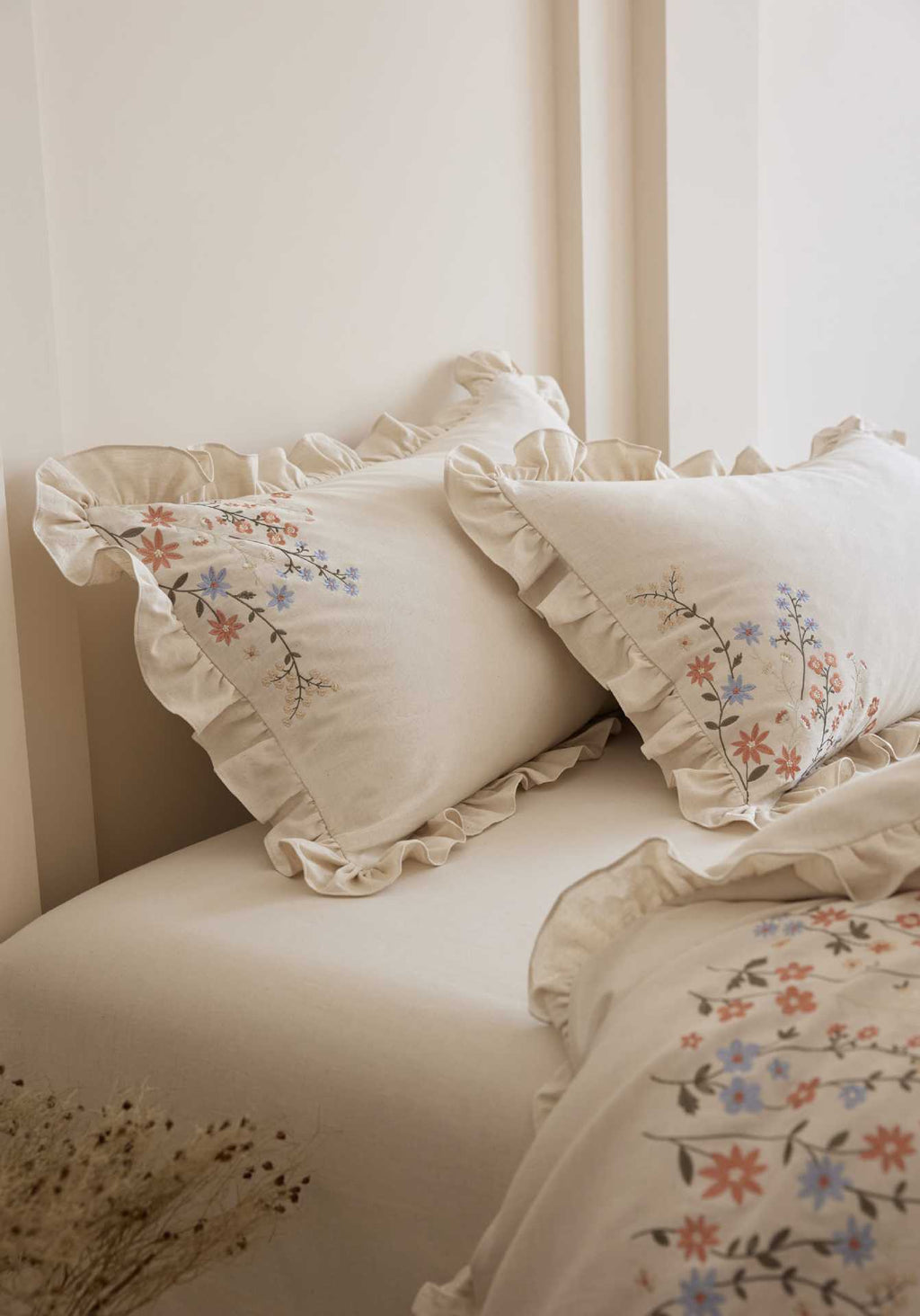 The Wildflower Heirloom | Ruffled & Embroidered Linen Cotton Bed Linen