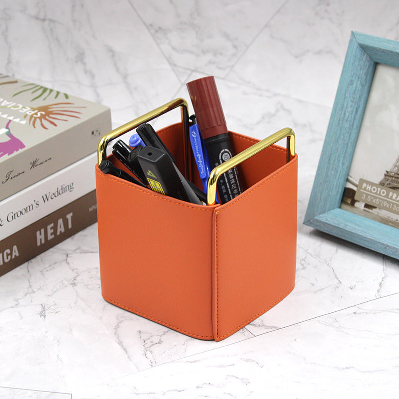 Luxury Leather Desk Organiser with Brass Frame | Modern Home Storage