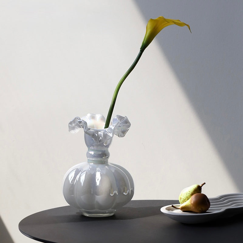 Iridescent White Glass Ruffle Vase Berriscent