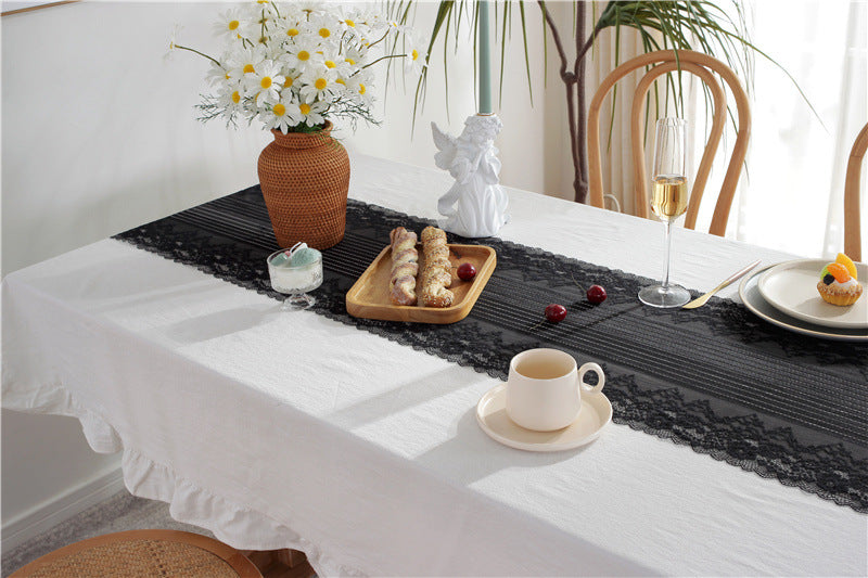 White Tablecloth and Black Lace Runner Set Berriscent