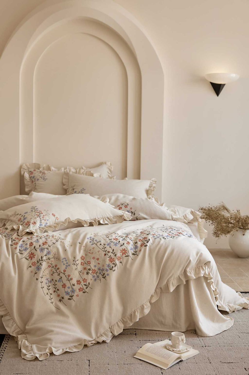 The Wildflower Heirloom | Ruffled & Embroidered Linen Cotton Bed Linen