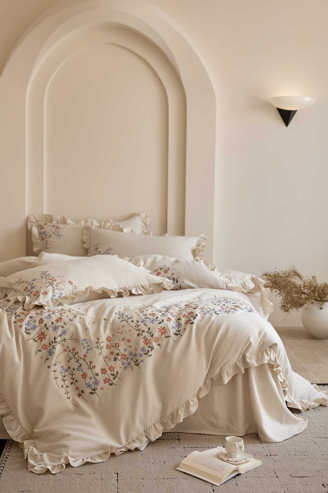 The Wildflower Heirloom | Ruffled & Embroidered Linen Cotton Bed Linen