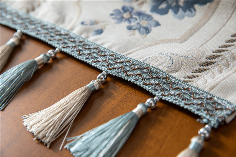 Ivory Blue Jacquard Floral Table Runner with Tassels Berriscent