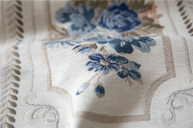 Ivory Blue Jacquard Floral Table Runner with Tassels Berriscent