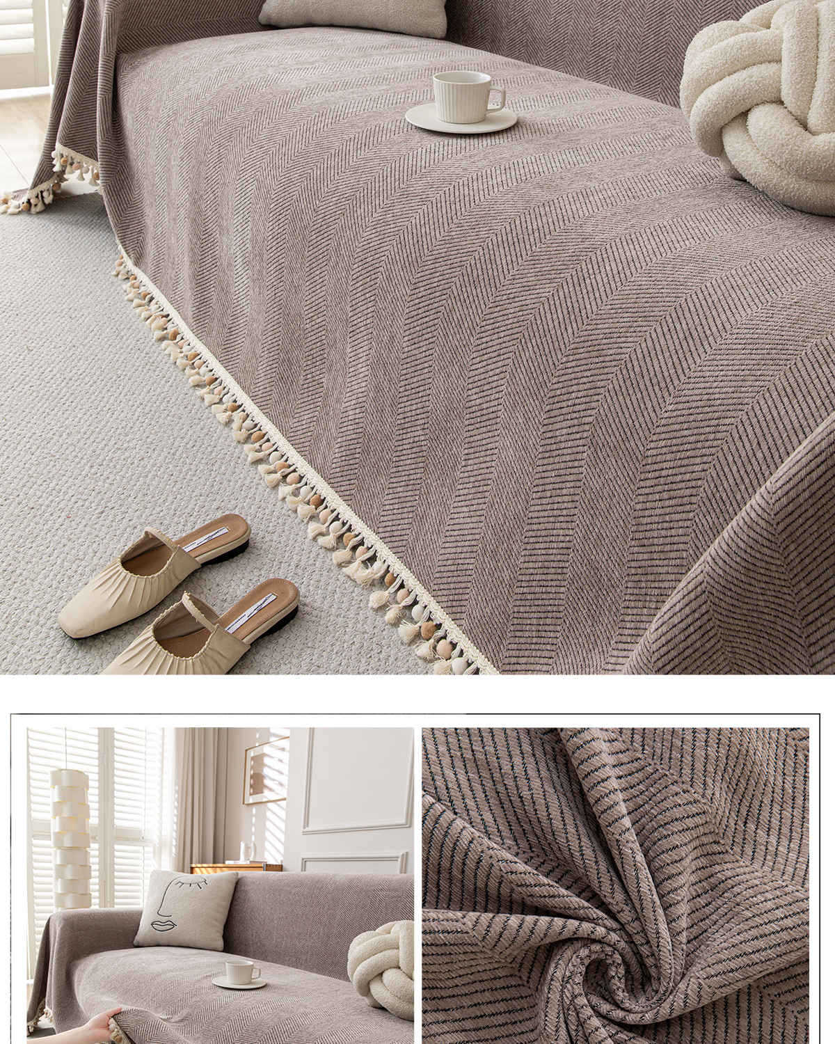 Pom-Tassel Chenille Sofa Cover Berriscent