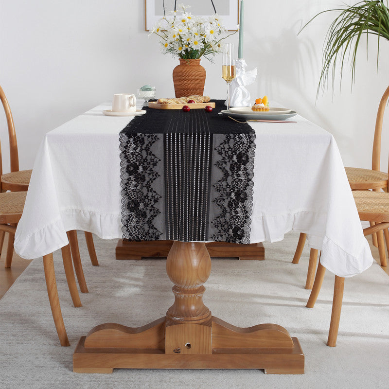 White Tablecloth and Black Lace Runner Set Berriscent