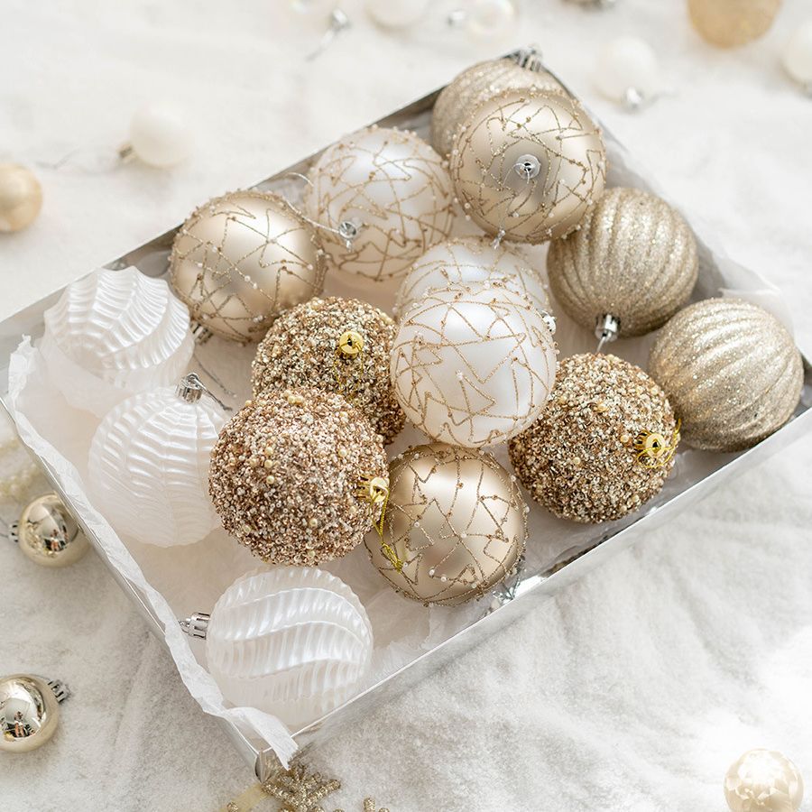 Luxury Gold & White Christmas Ornaments Collection – Elegant Baubles, Reindeer & Star Decorations