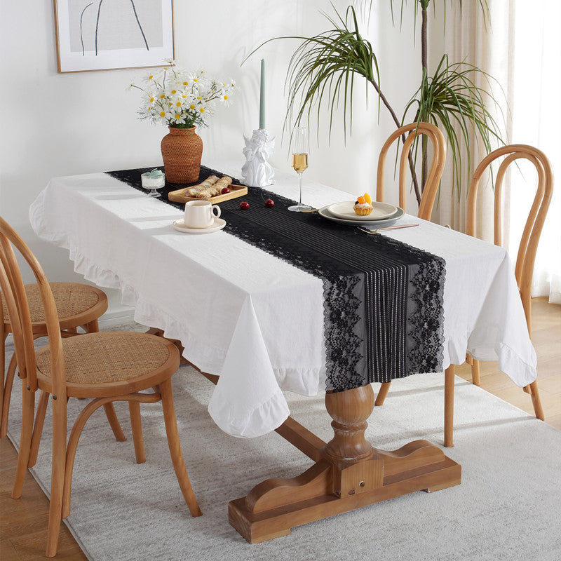 White Tablecloth and Black Lace Runner Set Berriscent
