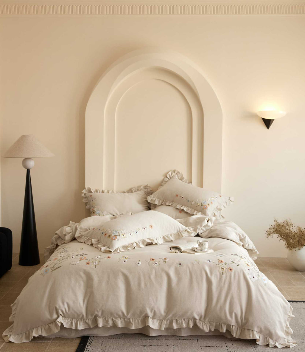 The Secret Garden Sprig | Ruffled & Embroidered Linen Cotton Bed Linen