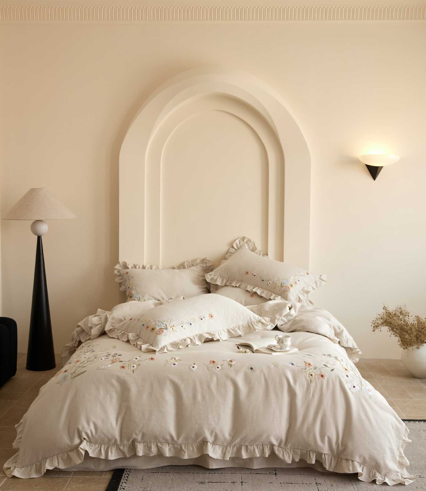 The Secret Garden Sprig | Ruffled & Embroidered Linen Cotton Bed Linen