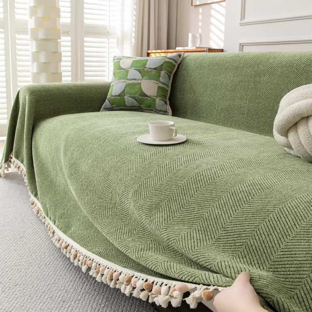 Pom-Tassel Chenille Sofa Cover Berriscent