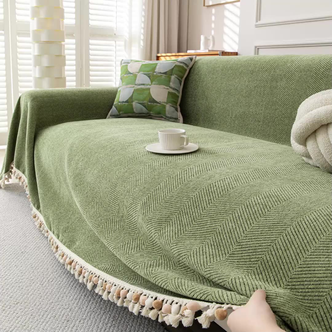 Pom-Tassel Chenille Sofa Cover Berriscent