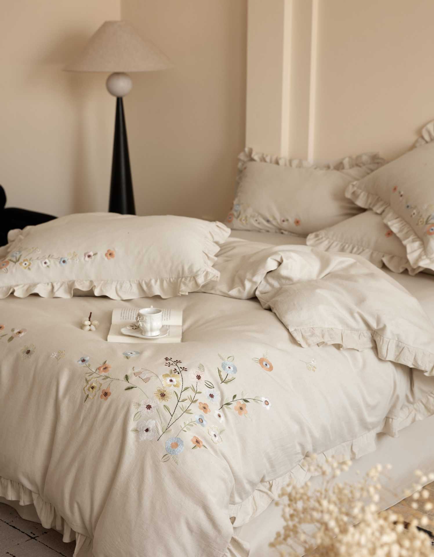 The Secret Garden Sprig | Ruffled & Embroidered Linen Cotton Bed Linen