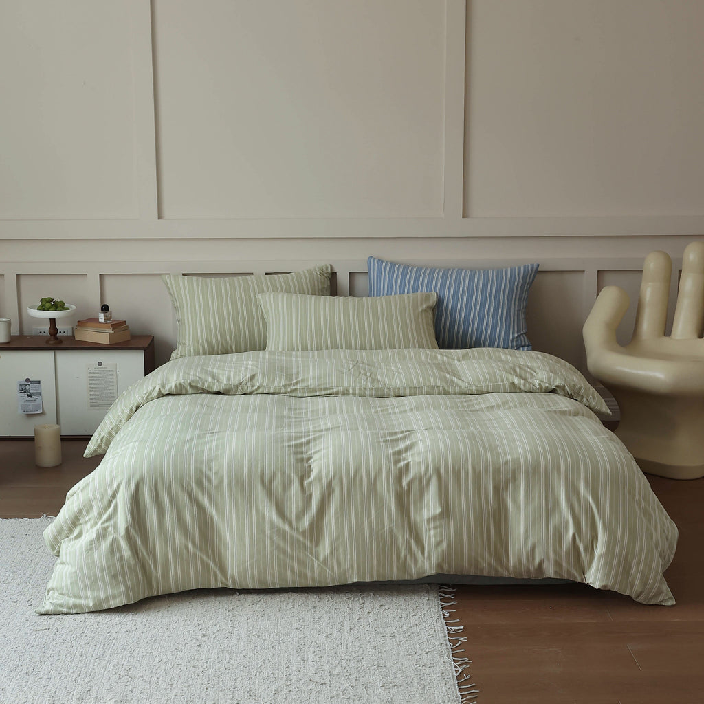 Soft Stripe Cotton Bedding Set — Sage Green Berriscent