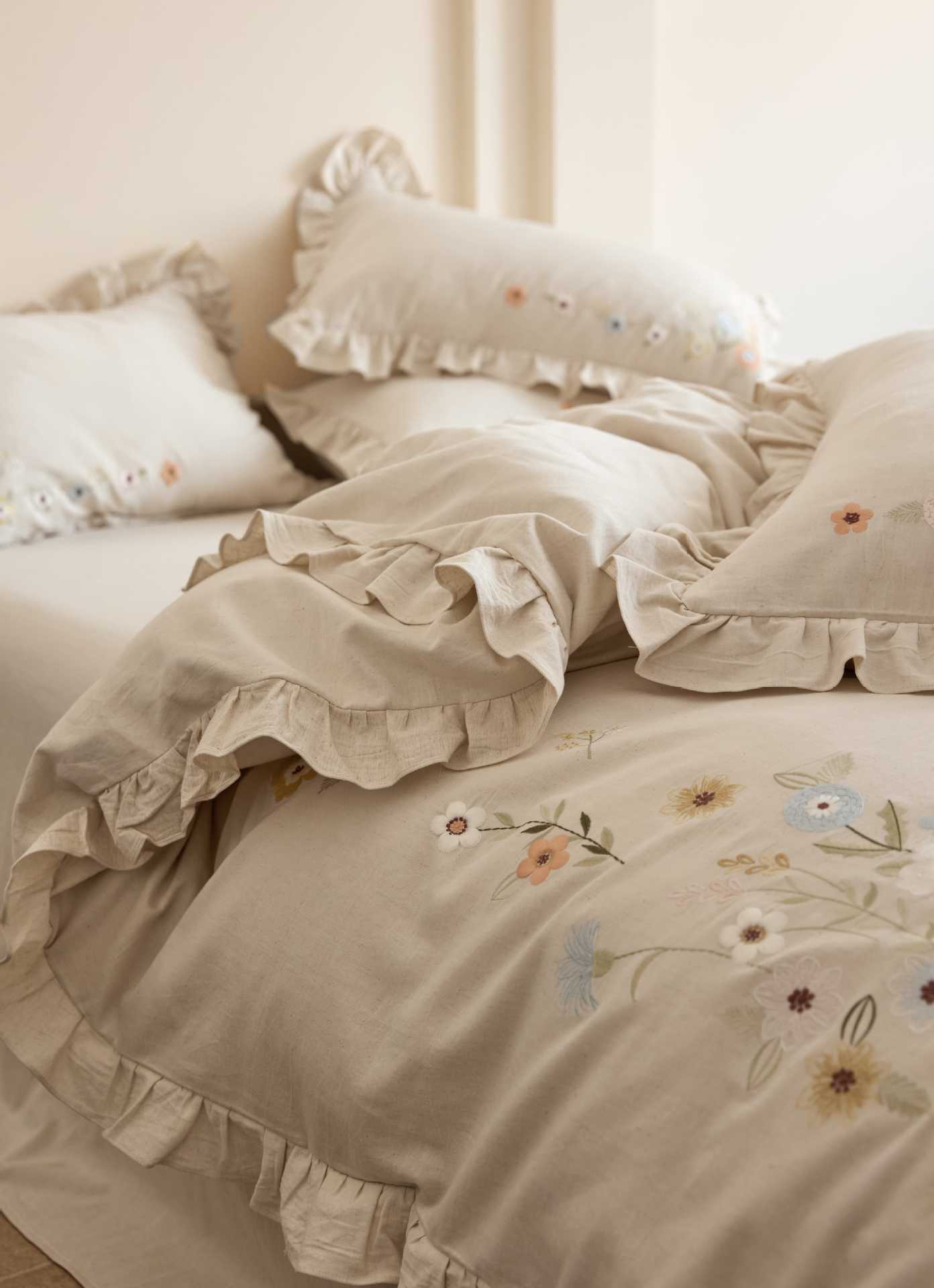 The Secret Garden Sprig | Ruffled & Embroidered Linen Cotton Bed Linen