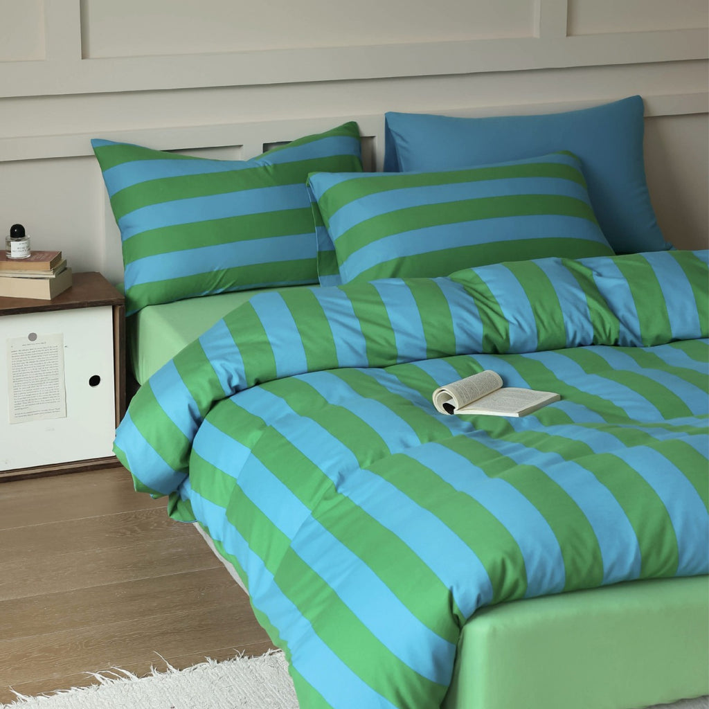 Stripe Harmony Cotton Bedding Set — Ocean Blue & Meadow Green Berriscent