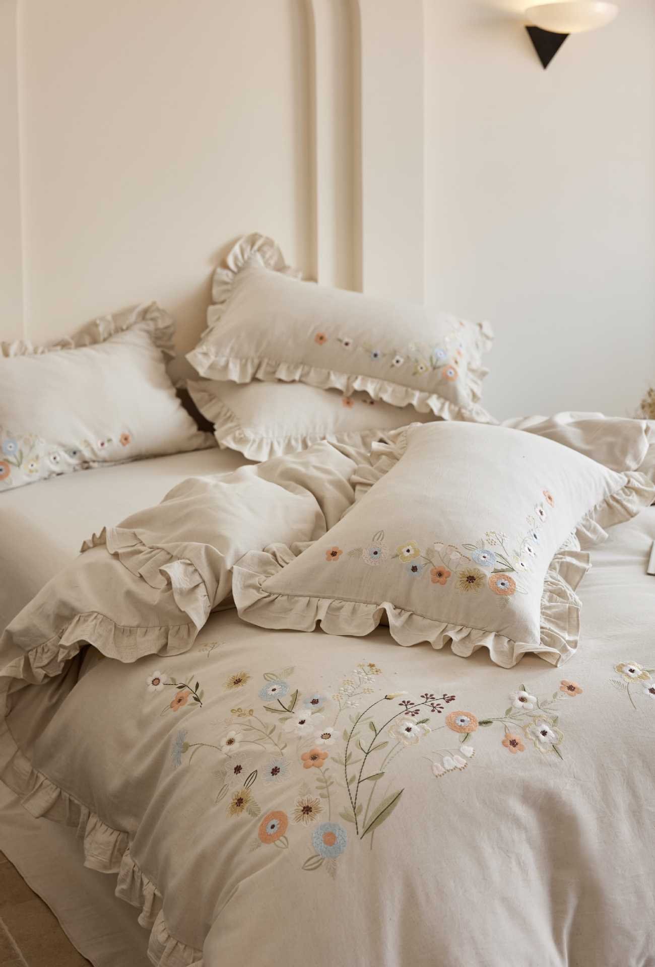 The Secret Garden Sprig | Ruffled & Embroidered Linen Cotton Bed Linen