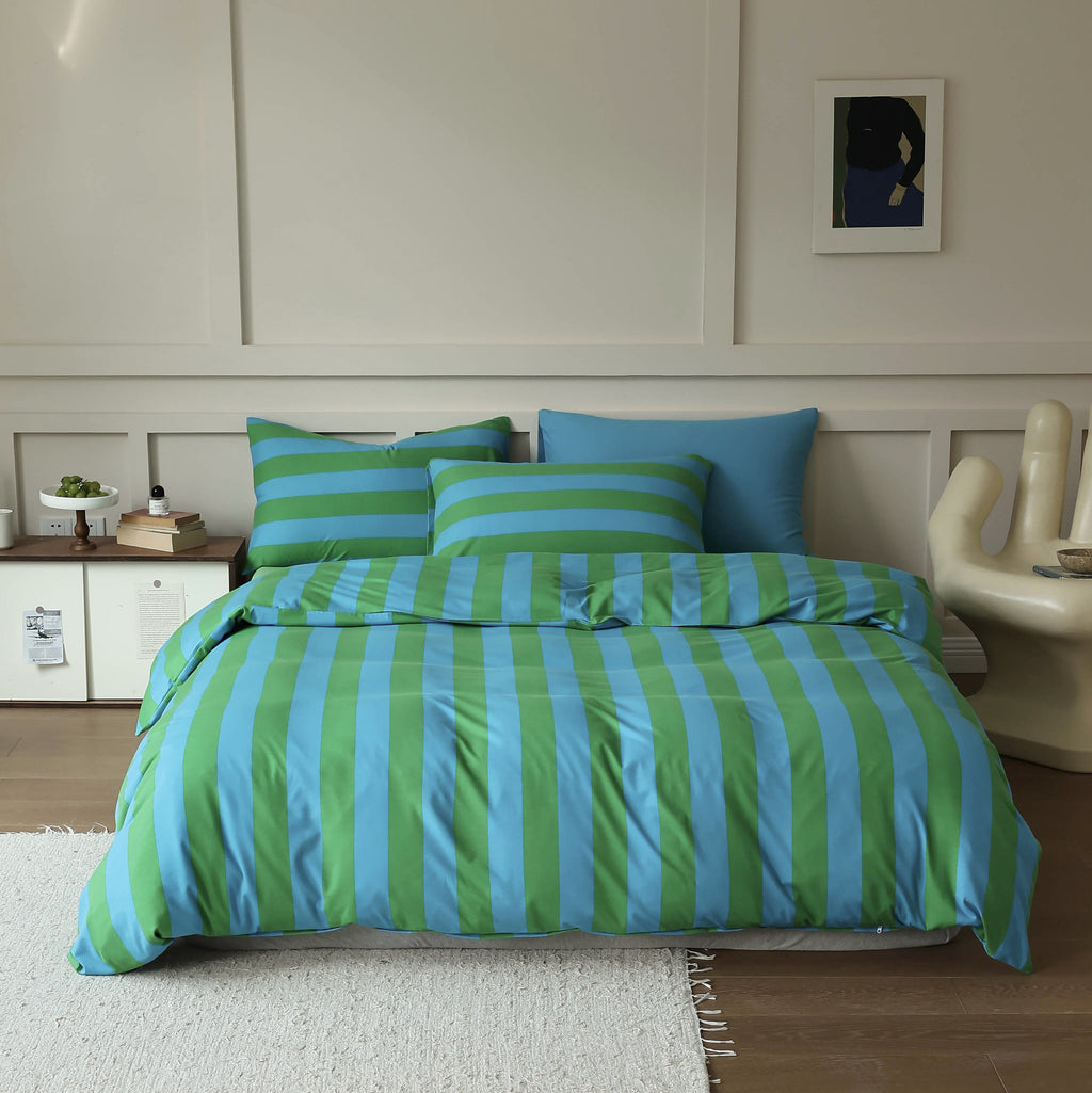 Stripe Harmony Cotton Bedding Set — Ocean Blue & Meadow Green Berriscent