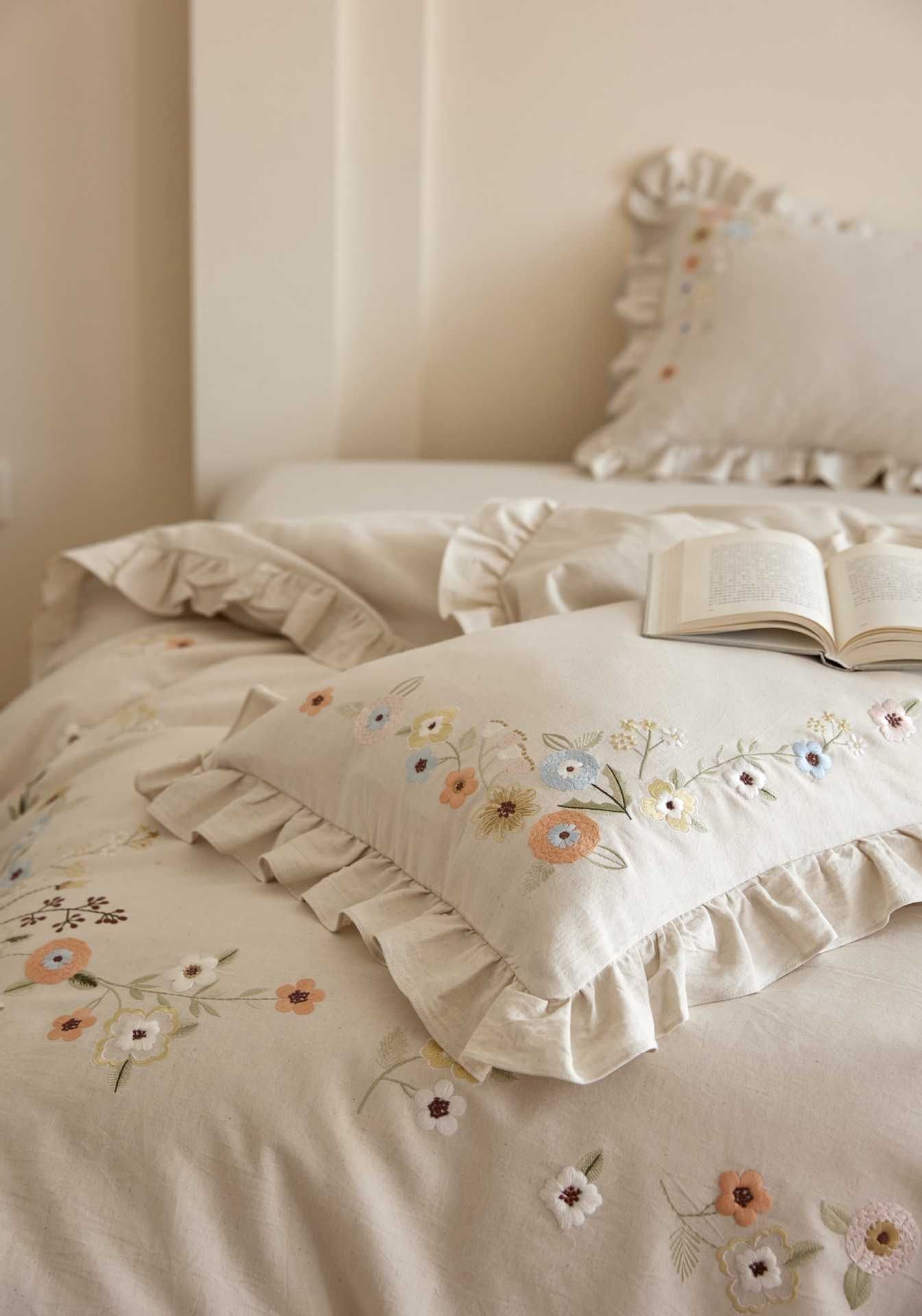 The Secret Garden Sprig | Ruffled & Embroidered Linen Cotton Bed Linen