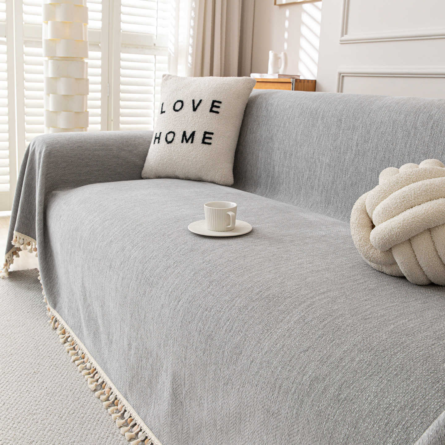 Pom-Tassel Chenille Sofa Cover Berriscent