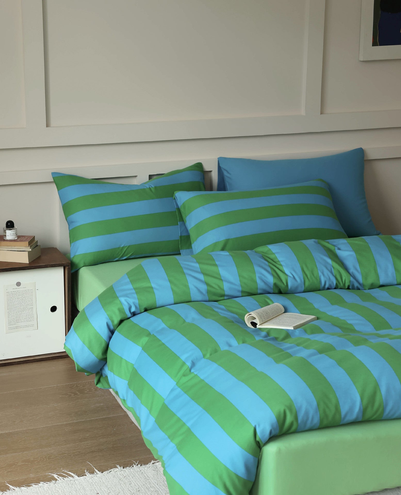 Stripe Harmony Cotton Bedding Set — Ocean Blue & Meadow Green Berriscent