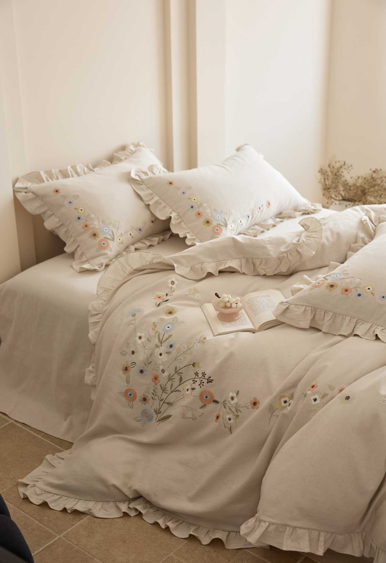 The Secret Garden Sprig | Ruffled & Embroidered Linen Cotton Bed Linen