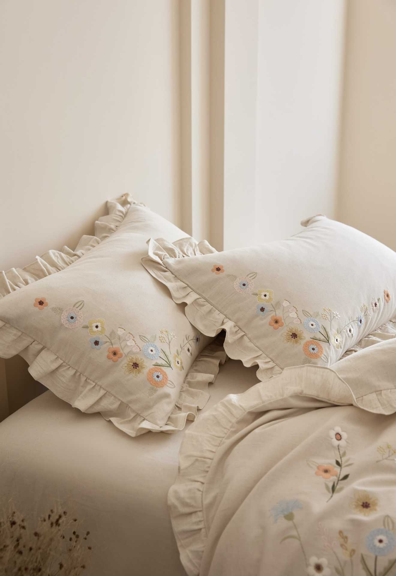 The Secret Garden Sprig | Ruffled & Embroidered Linen Cotton Bed Linen