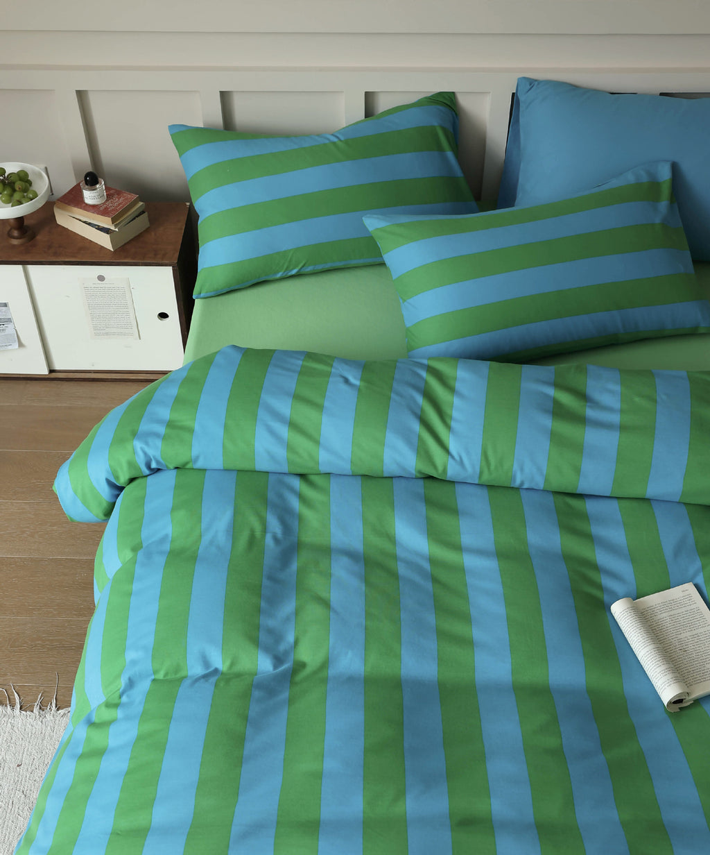 Stripe Harmony Cotton Bedding Set — Ocean Blue & Meadow Green Berriscent