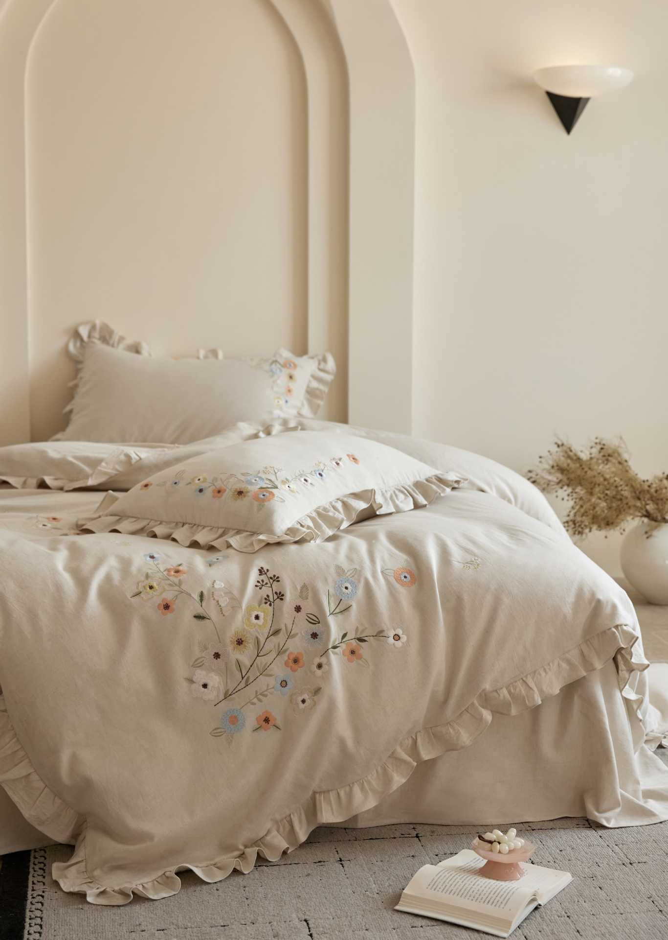The Secret Garden Sprig | Ruffled & Embroidered Linen Cotton Bed Linen