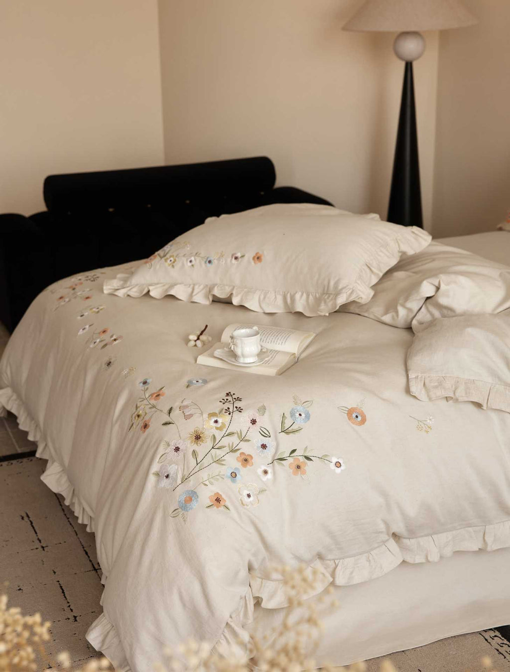 The Secret Garden Sprig | Ruffled & Embroidered Linen Cotton Bed Linen