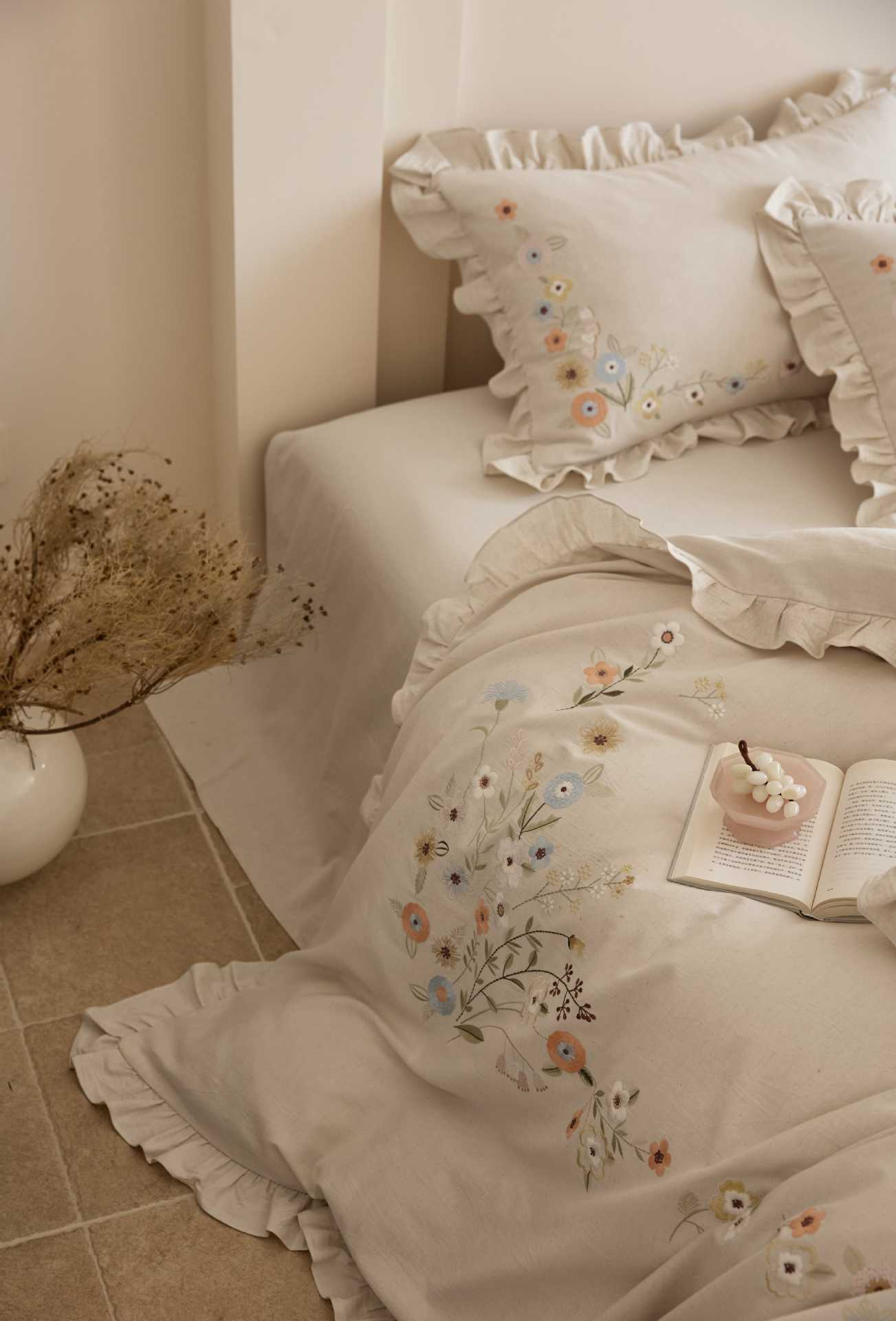 The Secret Garden Sprig | Ruffled & Embroidered Linen Cotton Bed Linen