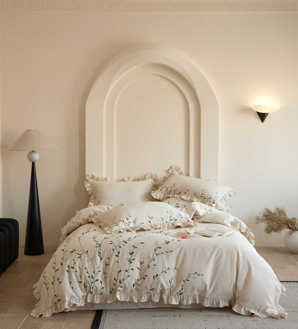 Walled Garden Vine | Ruffled & Embroidered Linen Cotton Bed Linen