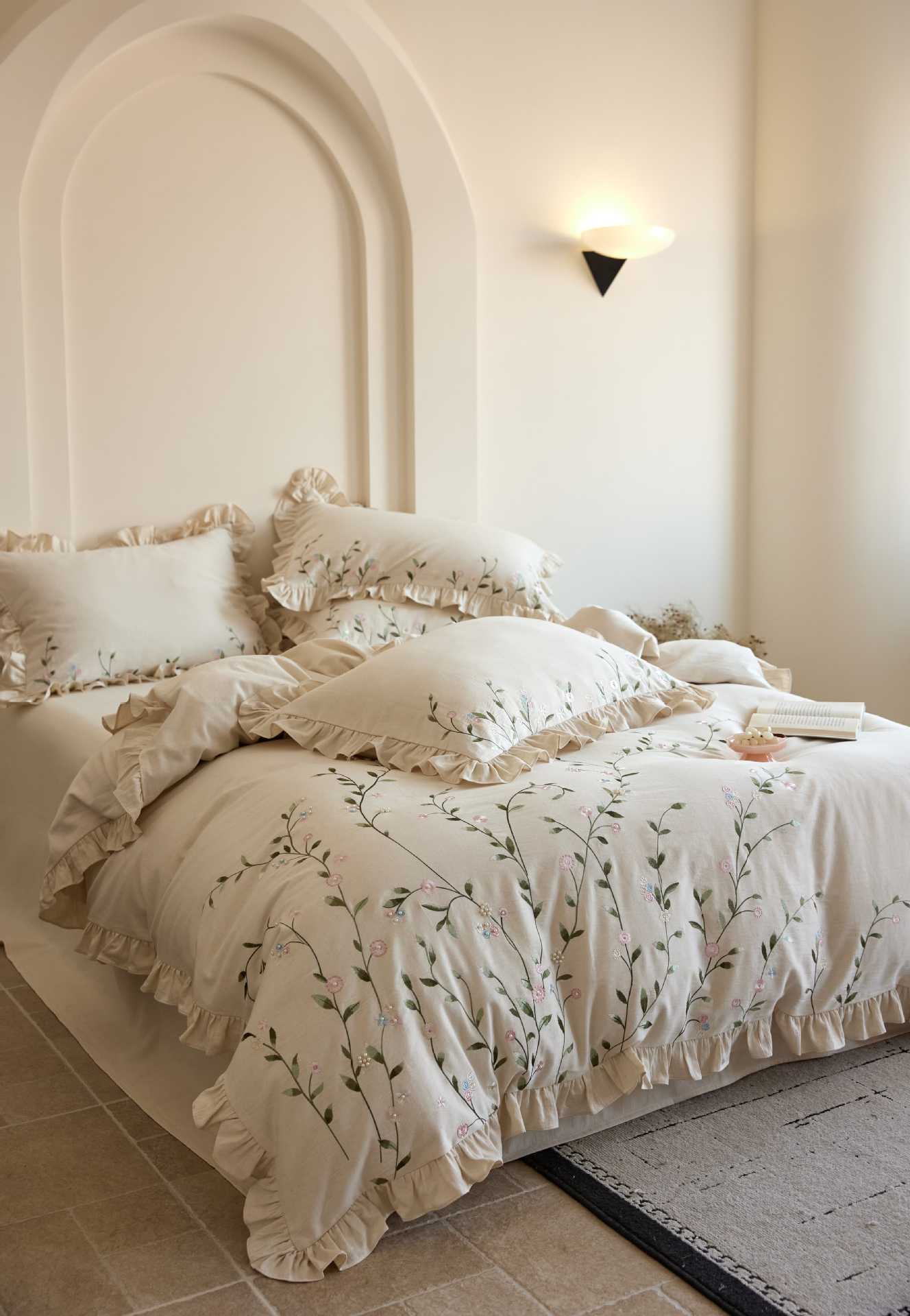 Walled Garden Vine | Ruffled & Embroidered Linen Cotton Bed Linen