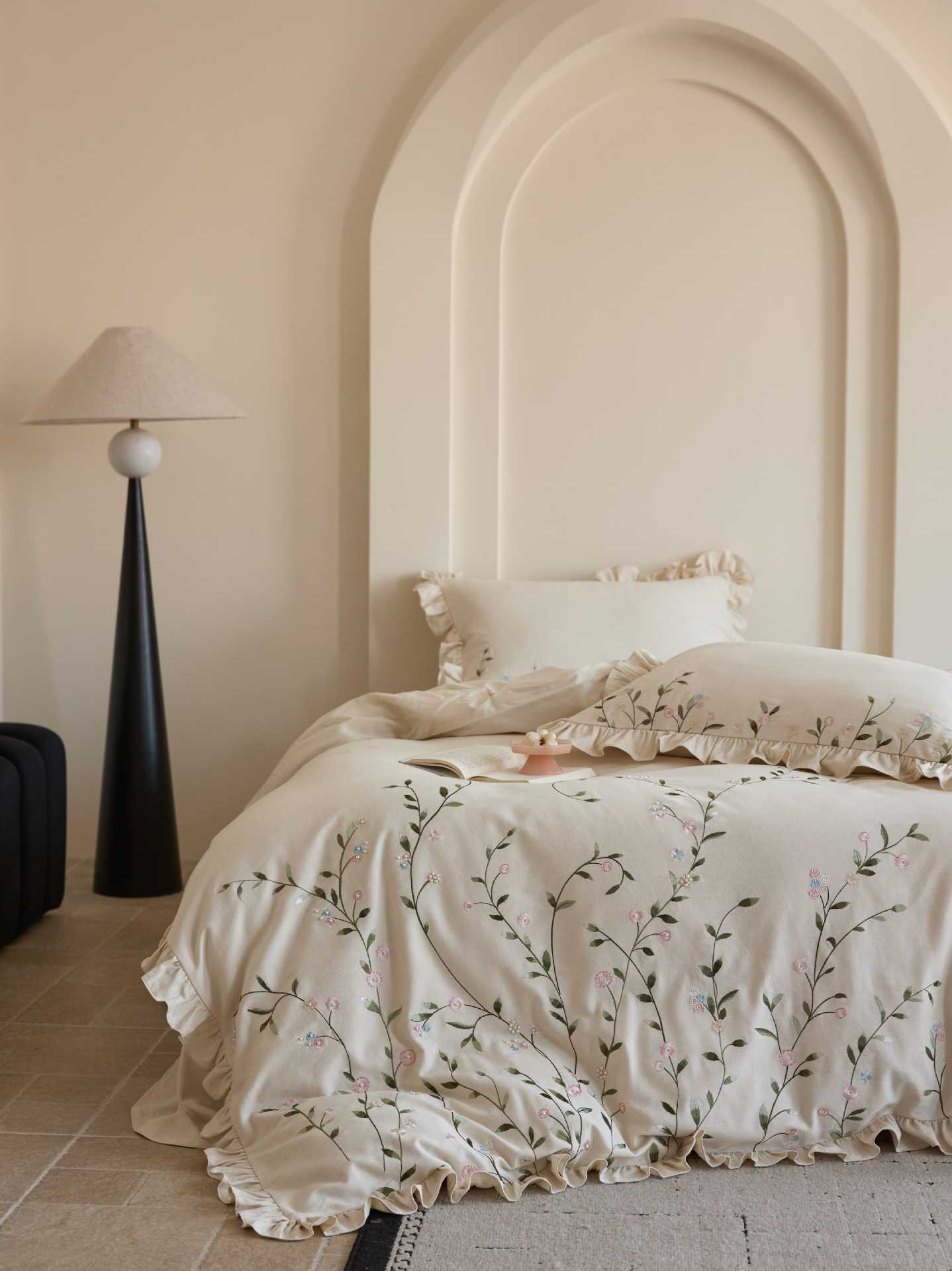 Walled Garden Vine | Ruffled & Embroidered Linen Cotton Bed Linen