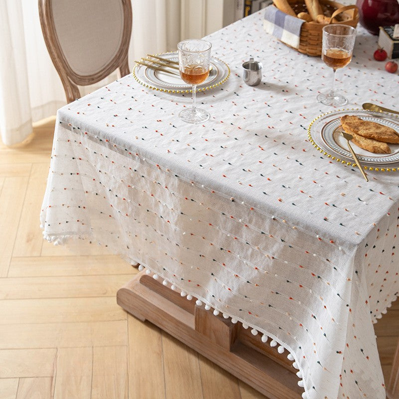 French Romantic Pom Pom Embroidered Tablecloth Berriscent
