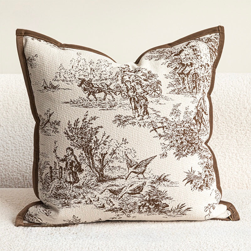 Toile de Jouy Pastoral Cushion 45 x 45 cm with scenic pattern and bordered edge.